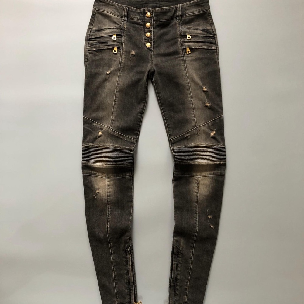 Balmain Black Distressed Moto Skinny Jeans
